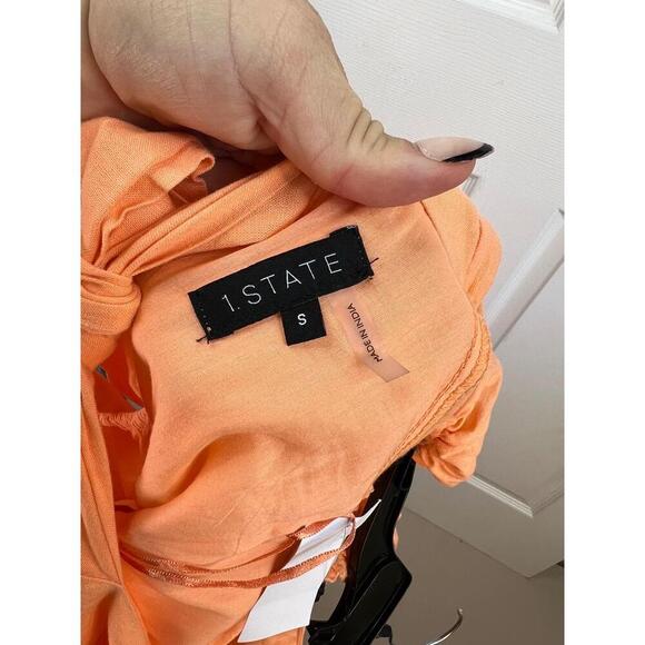 1STATE Orange Puff Sleeves Linen Blend Tiered Skirt Open Tie Back Dress Sz S - Picture 8 of 13